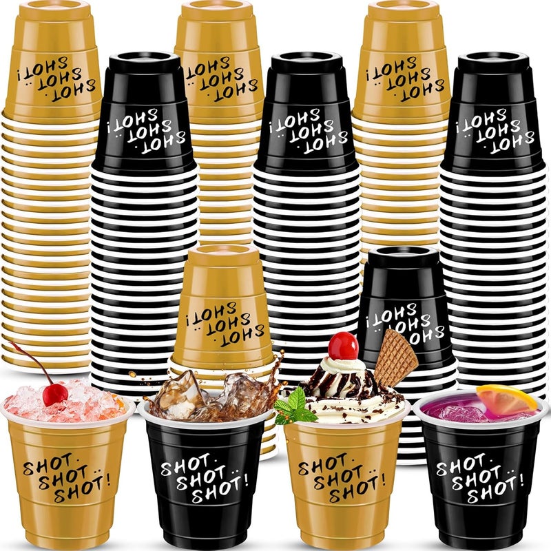 cssopenss 120 pcs Black And Gold Shot Glasses 2 oz Black Gold Plastic Shot Cups Happy New Year shot glasses for drinking Tastings served Snacks Jello Tastings and Samples - Image 1